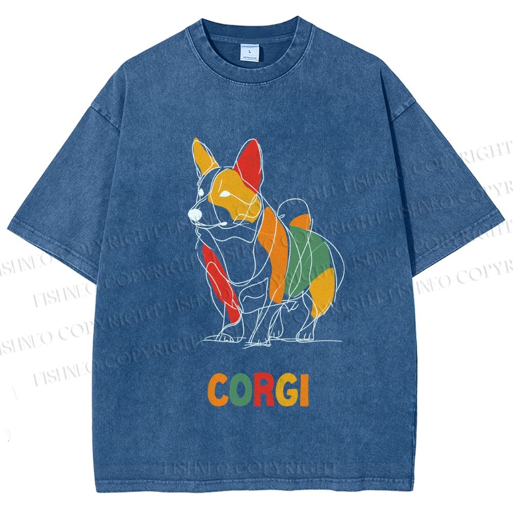 Unisex Corgi Line Art Printed Washed Tee