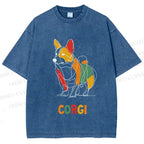 Unisex Corgi Line Art Printed Washed Tee