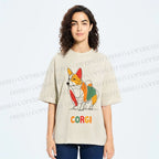 Unisex Corgi Line Art Printed Washed Tee