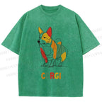 Unisex Corgi Line Art Printed Washed Tee