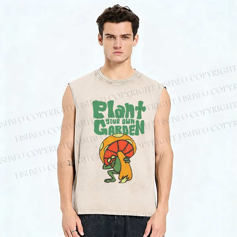 Unisex Plant Garden Frog Printed Washed Tank Top