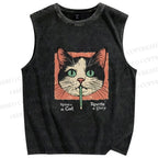 Unisex Cat Printed Washed Tank Top