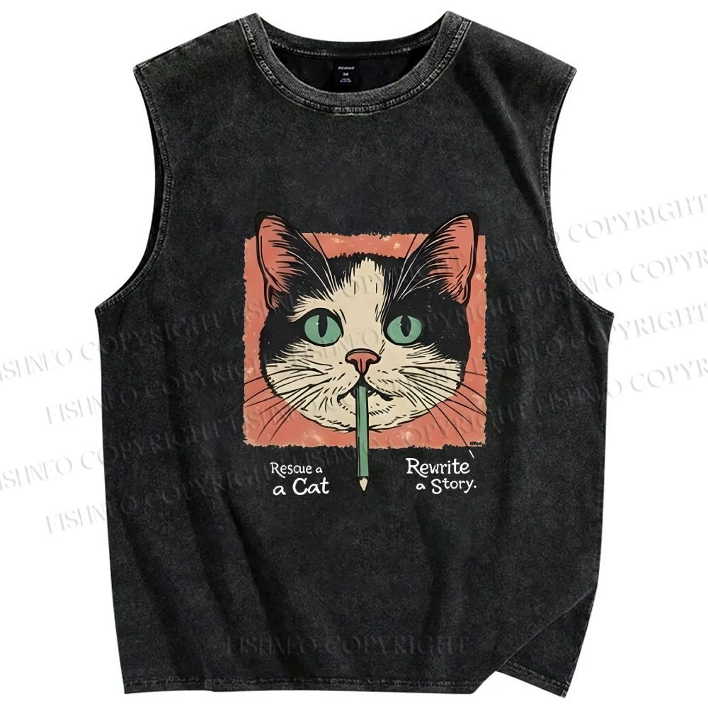 Unisex Cat Printed Washed Tank Top