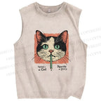 Unisex Cat Printed Washed Tank Top