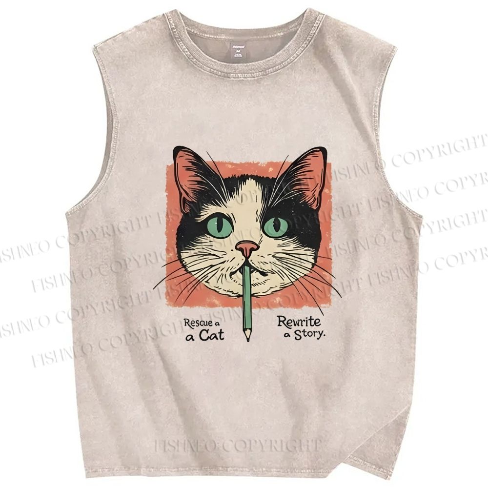 Unisex Cat Printed Washed Tank Top