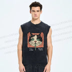 Unisex Cat Printed Washed Tank Top