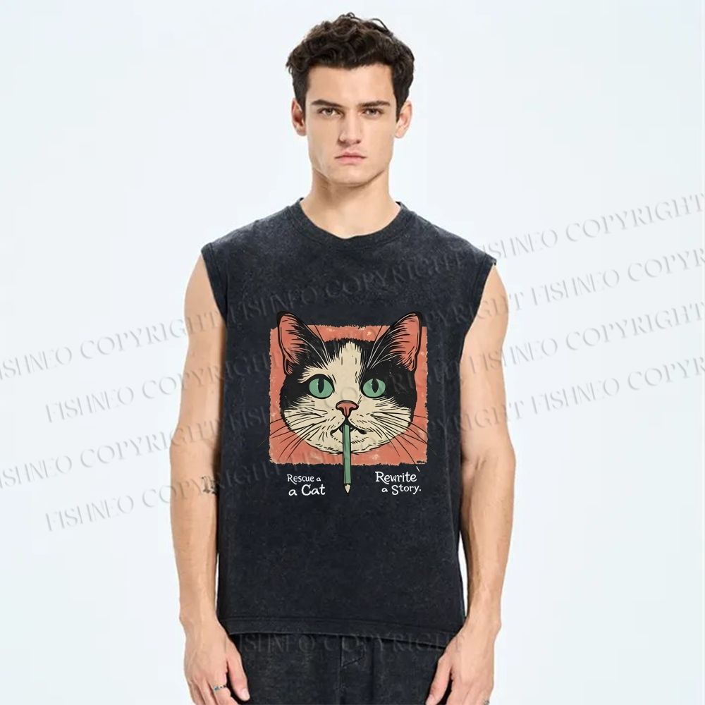 Unisex Cat Printed Washed Tank Top