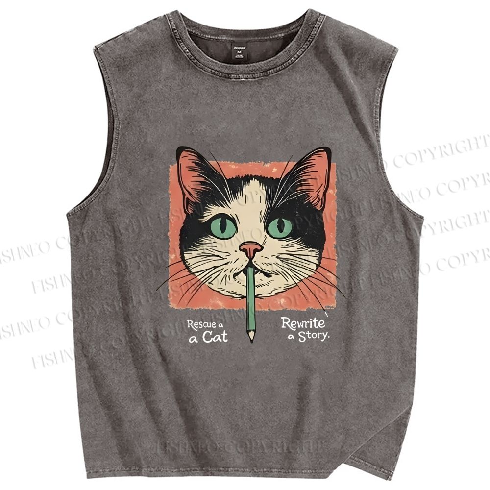Unisex Cat Printed Washed Tank Top