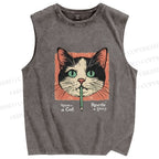 Unisex Cat Printed Washed Tank Top