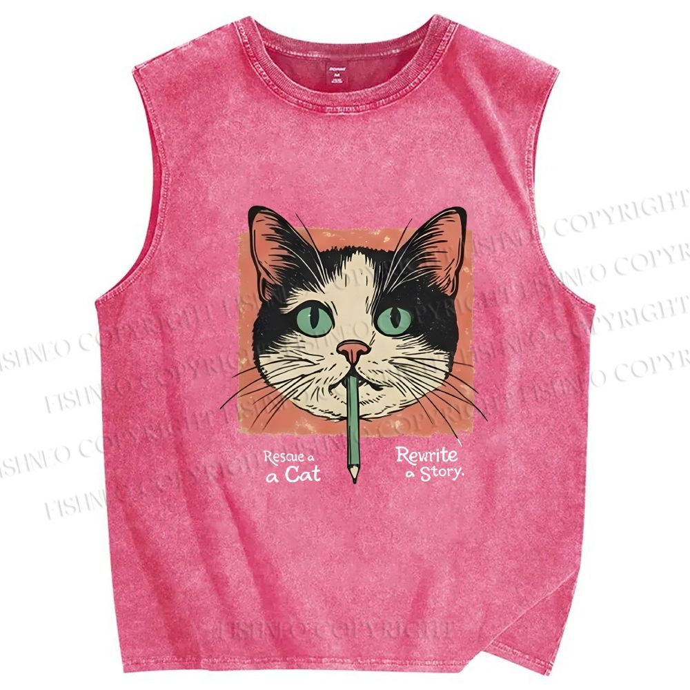 Unisex Cat Printed Washed Tank Top