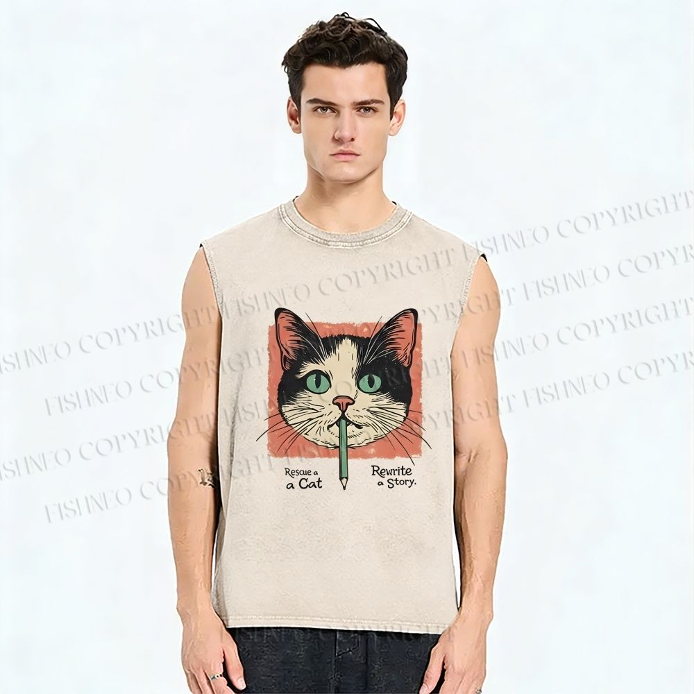 Unisex Cat Printed Washed Tank Top