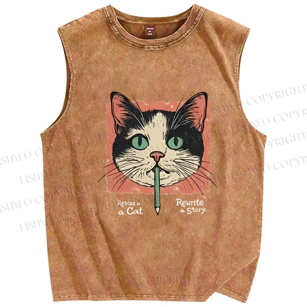 Unisex Cat Printed Washed Tank Top