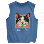 Unisex Cat Printed Washed Tank Top