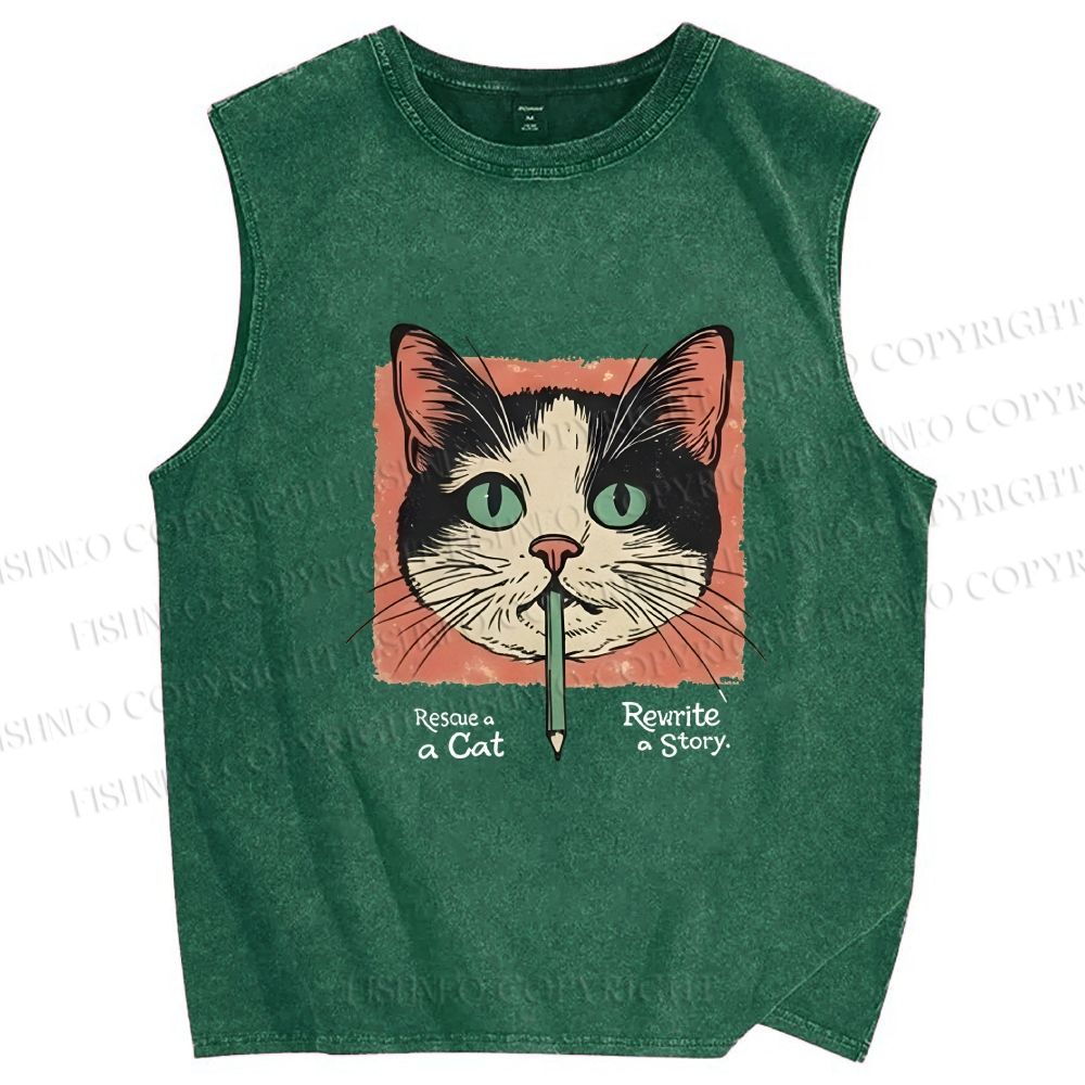 Unisex Cat Printed Washed Tank Top