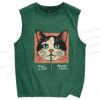 Unisex Cat Printed Washed Tank Top
