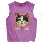 Unisex Cat Printed Washed Tank Top