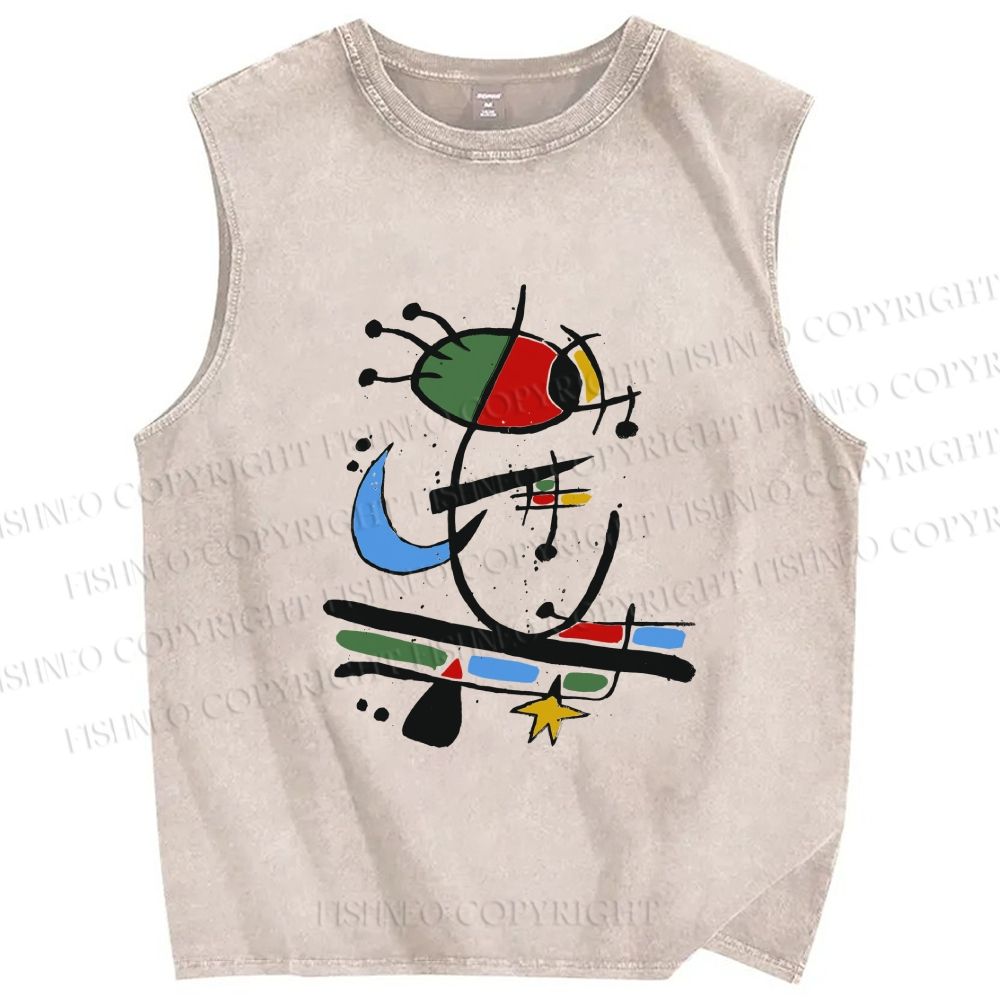 Unisex Joan Miro Eye Graffiti Printed Washed Tank Top