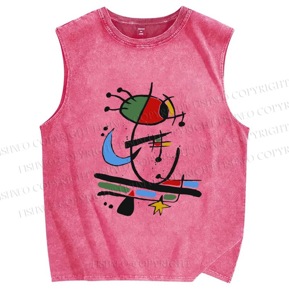 Unisex Joan Miro Eye Graffiti Printed Washed Tank Top