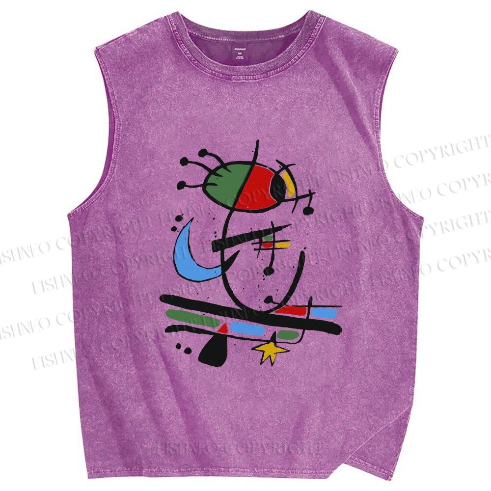 Unisex Joan Miro Eye Graffiti Printed Washed Tank Top