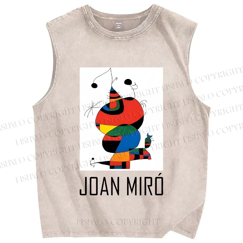Unisex Joan Miro Cat Design Printed Washed Tank Top