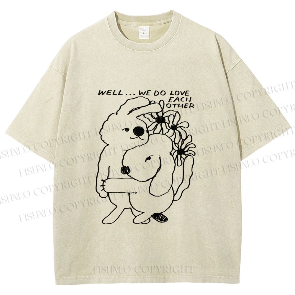 Unisex Dog and Bunny Love Each Other Printed Washed Tee
