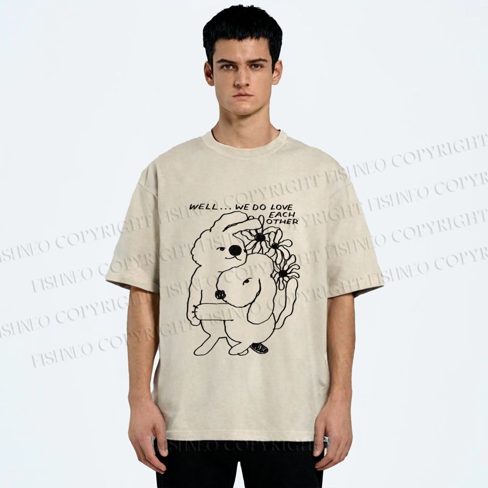 Unisex Dog and Bunny Love Each Other Printed Washed Tee