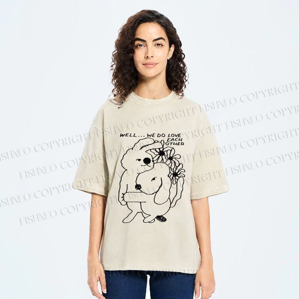 Unisex Dog and Bunny Love Each Other Printed Washed Tee