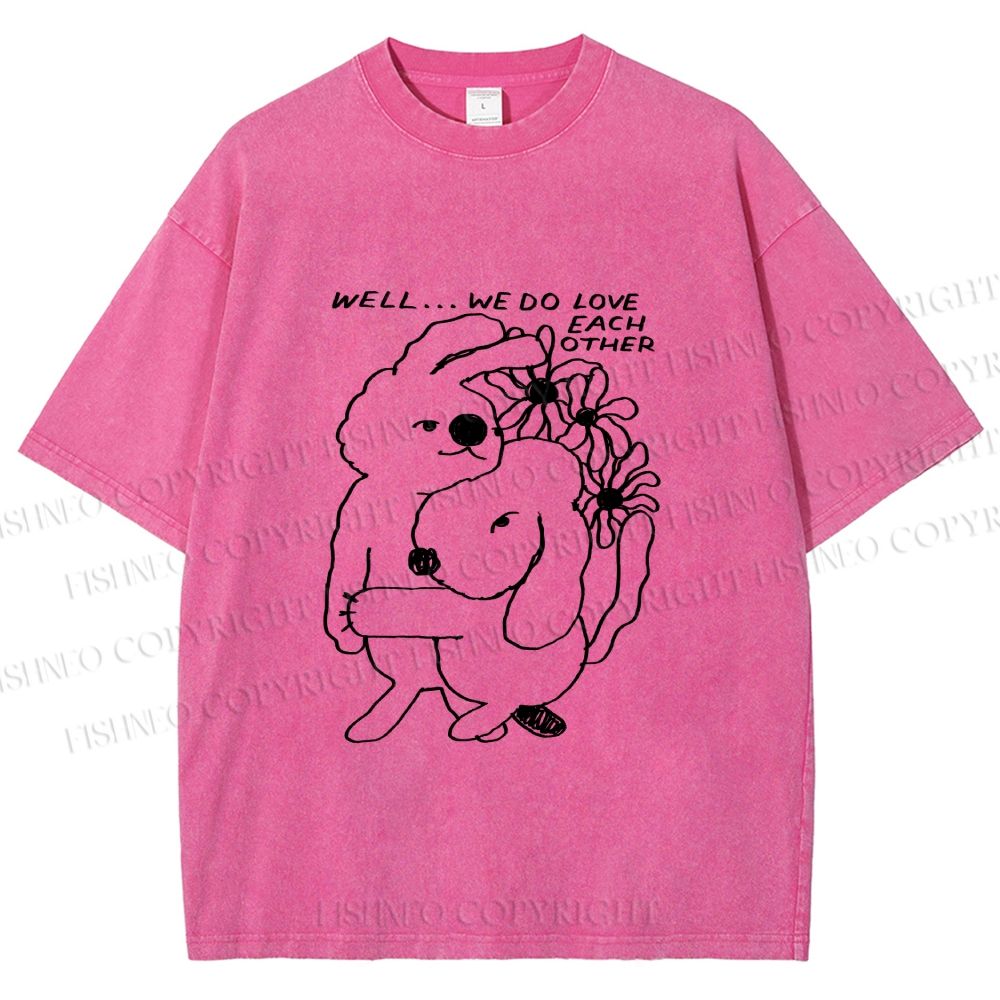 Unisex Dog and Bunny Love Each Other Printed Washed Tee