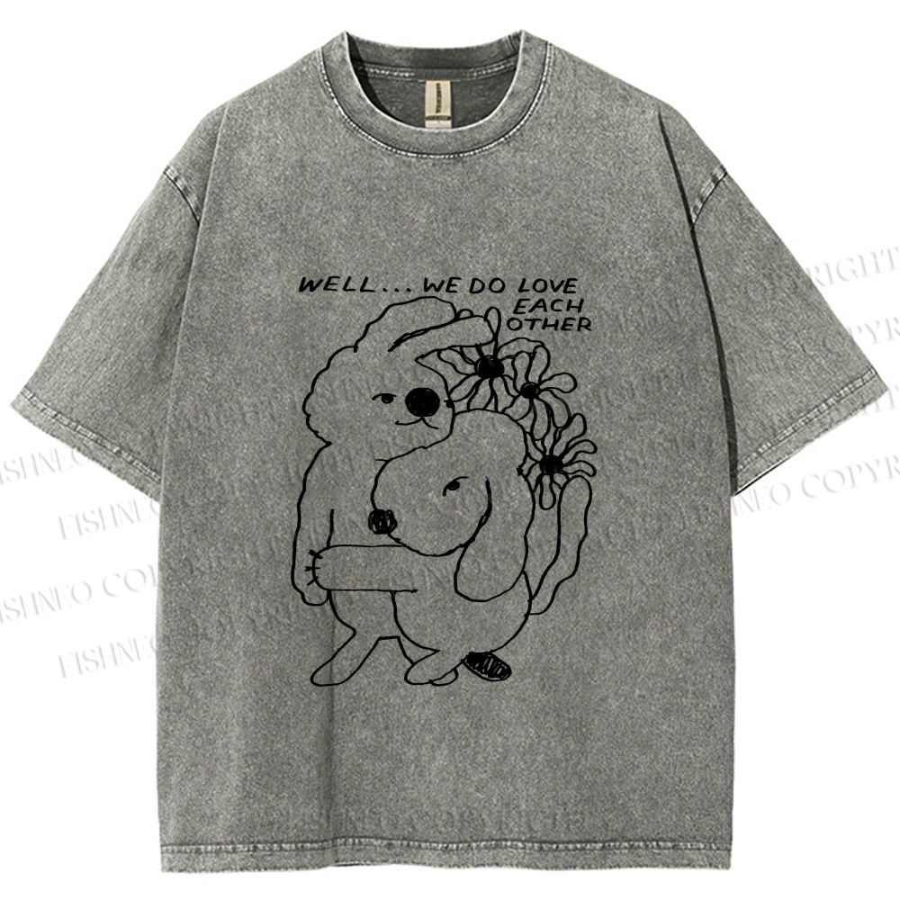 Unisex Dog and Bunny Love Each Other Printed Washed Tee