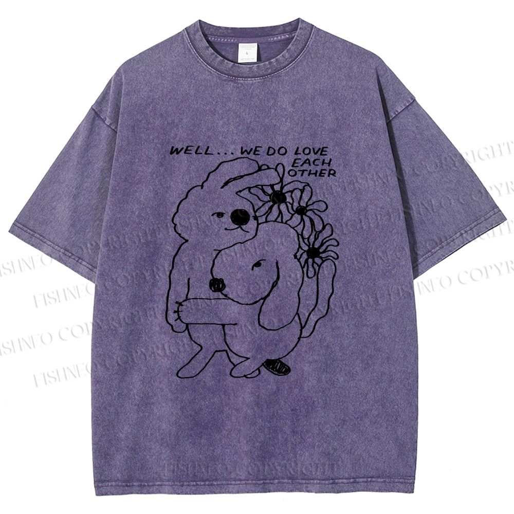Unisex Dog and Bunny Love Each Other Printed Washed Tee