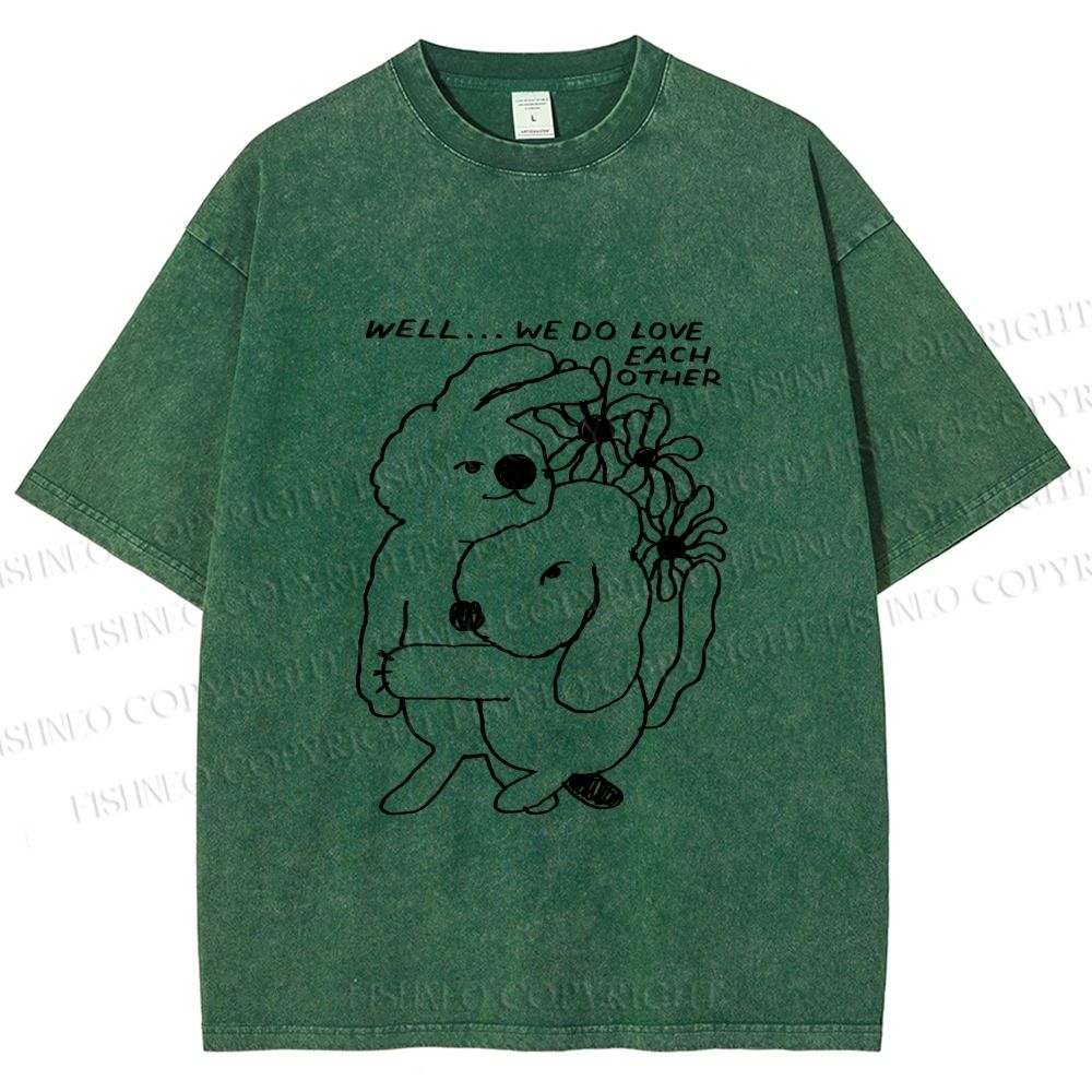 Unisex Dog and Bunny Love Each Other Printed Washed Tee