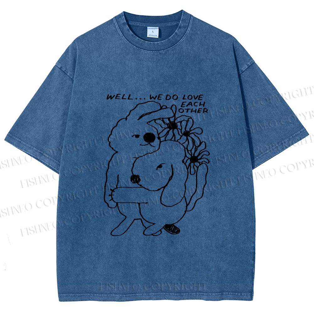 Unisex Dog and Bunny Love Each Other Printed Washed Tee