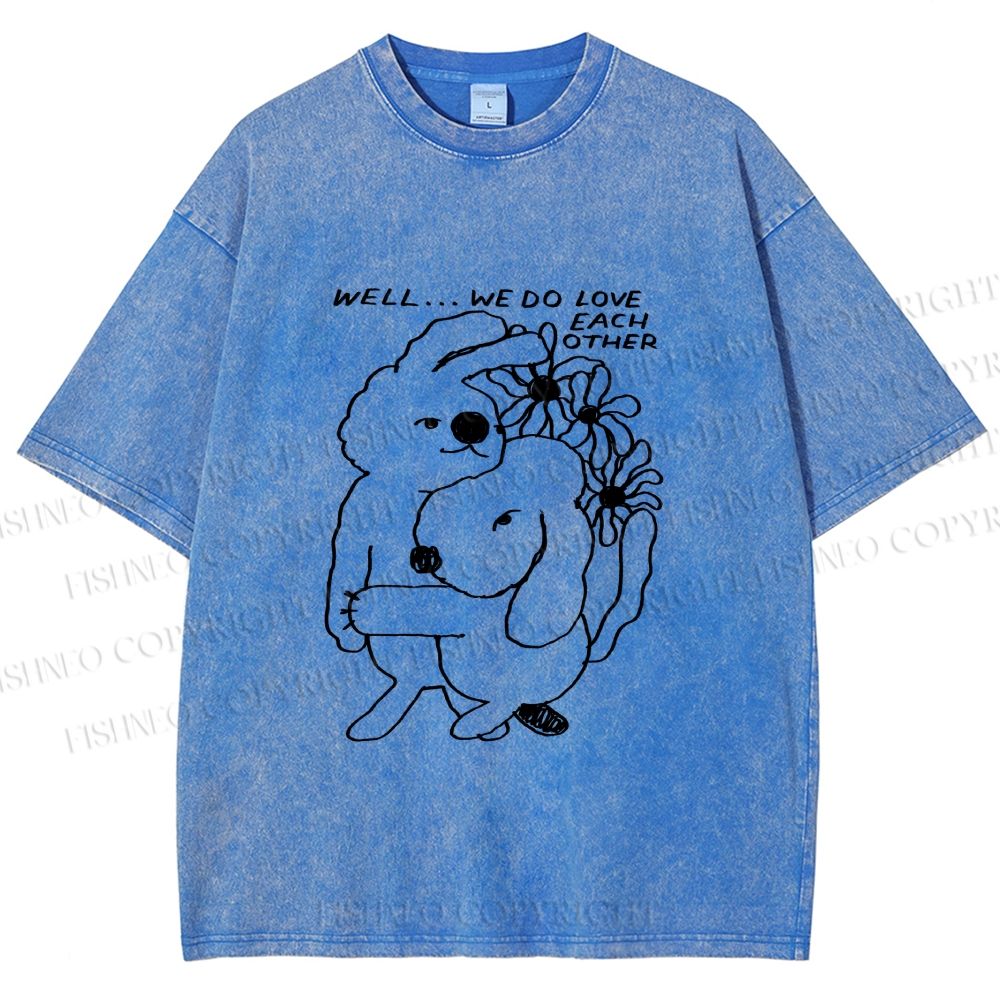 Unisex Dog and Bunny Love Each Other Printed Washed Tee