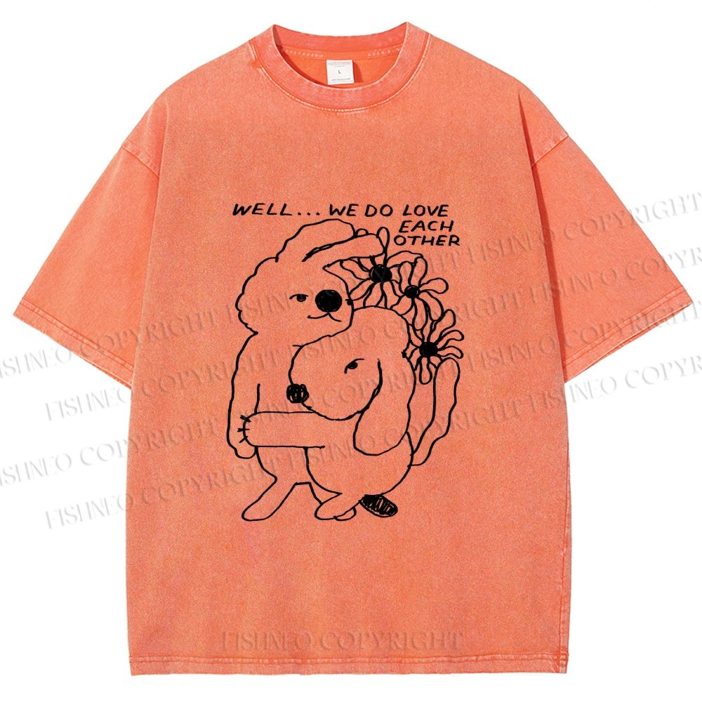 Unisex Dog and Bunny Love Each Other Printed Washed Tee