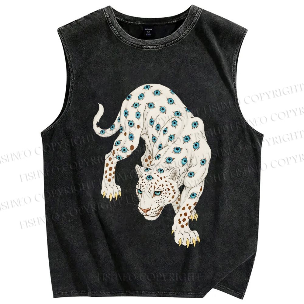 Unisex White Panther With Eyes Printed Washed Tank Top