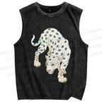 Unisex White Panther With Eyes Printed Washed Tank Top