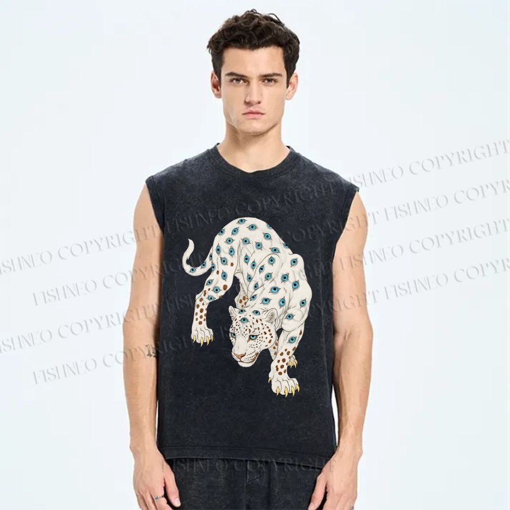 Unisex White Panther With Eyes Printed Washed Tank Top