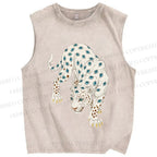 Unisex White Panther With Eyes Printed Washed Tank Top