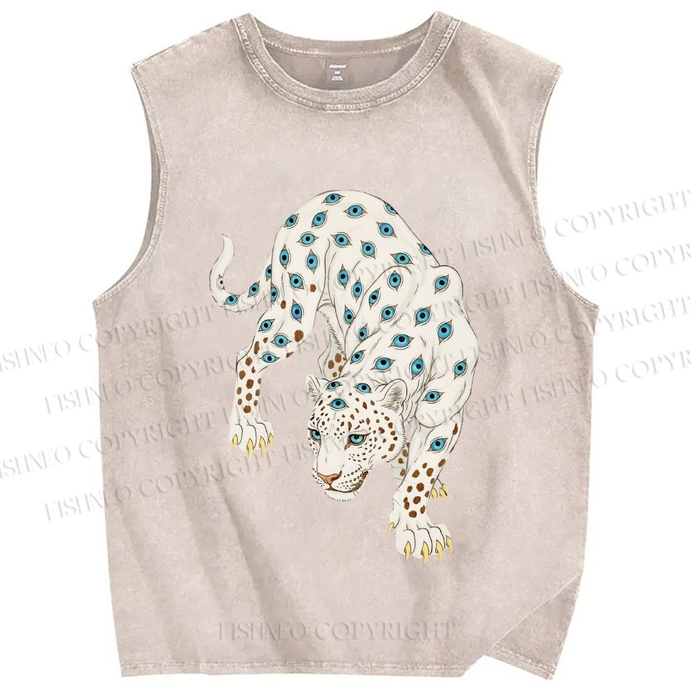 Unisex White Panther With Eyes Printed Washed Tank Top