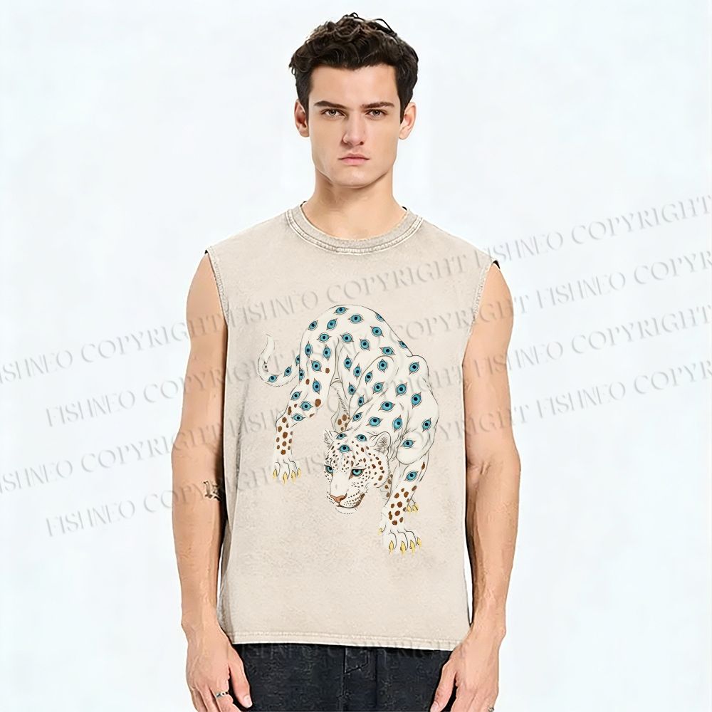 Unisex White Panther With Eyes Printed Washed Tank Top