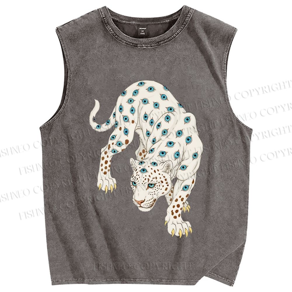 Unisex White Panther With Eyes Printed Washed Tank Top