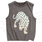 Unisex White Panther With Eyes Printed Washed Tank Top