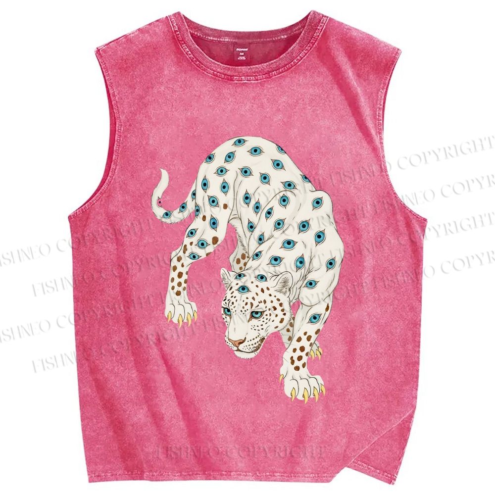 Unisex White Panther With Eyes Printed Washed Tank Top
