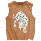 Unisex White Panther With Eyes Printed Washed Tank Top