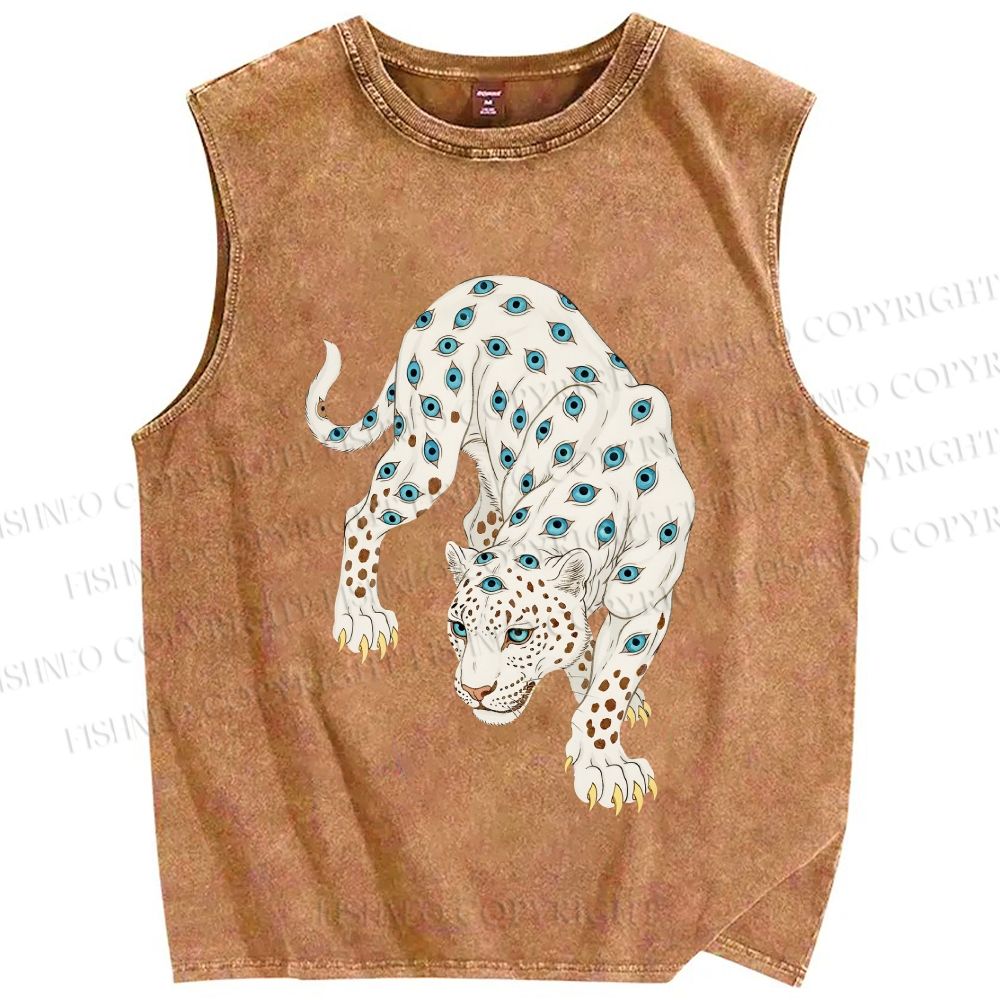 Unisex White Panther With Eyes Printed Washed Tank Top