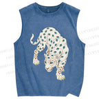 Unisex White Panther With Eyes Printed Washed Tank Top