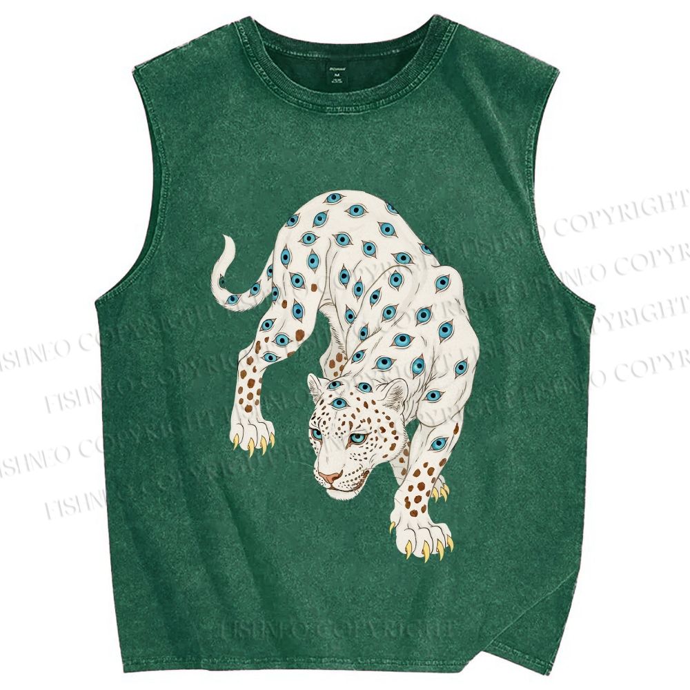 Unisex White Panther With Eyes Printed Washed Tank Top