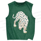 Unisex White Panther With Eyes Printed Washed Tank Top
