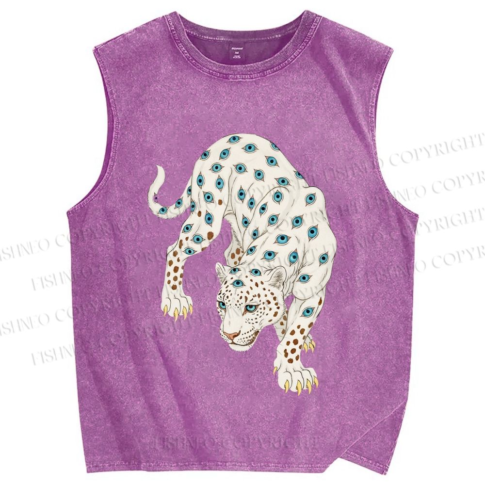 Unisex White Panther With Eyes Printed Washed Tank Top