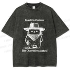 Unisex Overstimulated Cowboy Cat Printed Washed Tee
